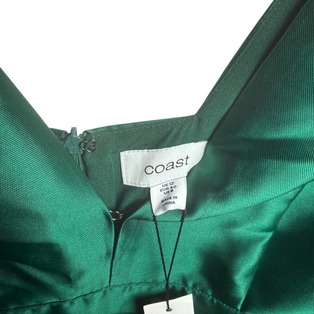 Coast Plunge Neck Structured Twill Midi Dress Emerald Green US 8 NWT Pockets - Picture 2 of 10